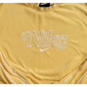 Nike Terry Cloth Sweatshirt Womens S Yellow Cropped Crewneck Pullover Embroider